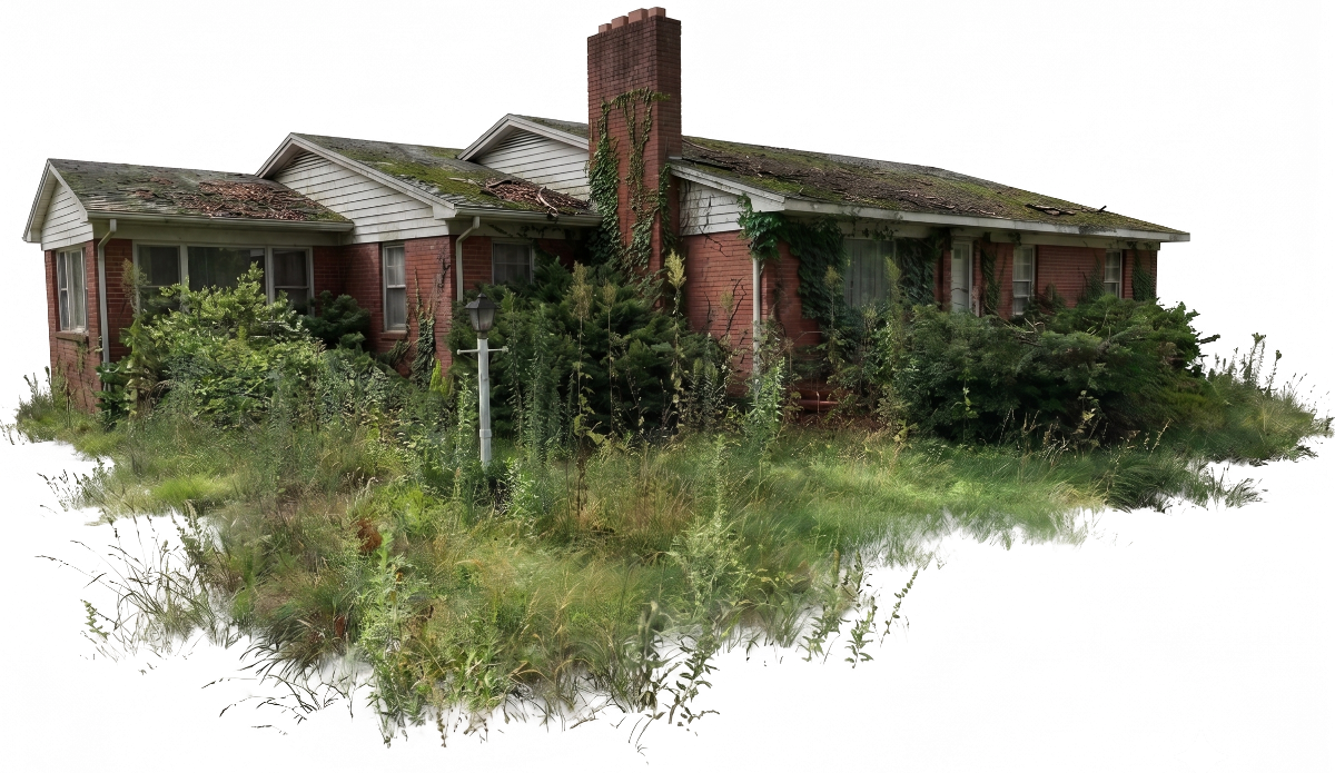 Distressed, overgrown red brick ranch home in the Uwharrie region — the kind of property Dorman Capital buys for cash, as-is